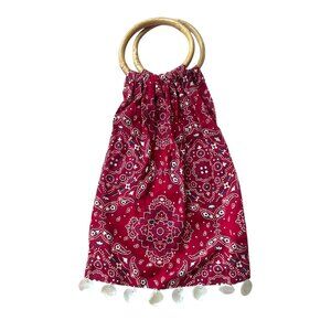 Small red, white, and blue bandana print bag with bamboo handles